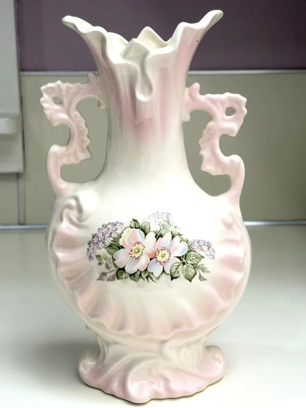 Vintage Pink White Floral Ceramic Vase Ornate Double Handle